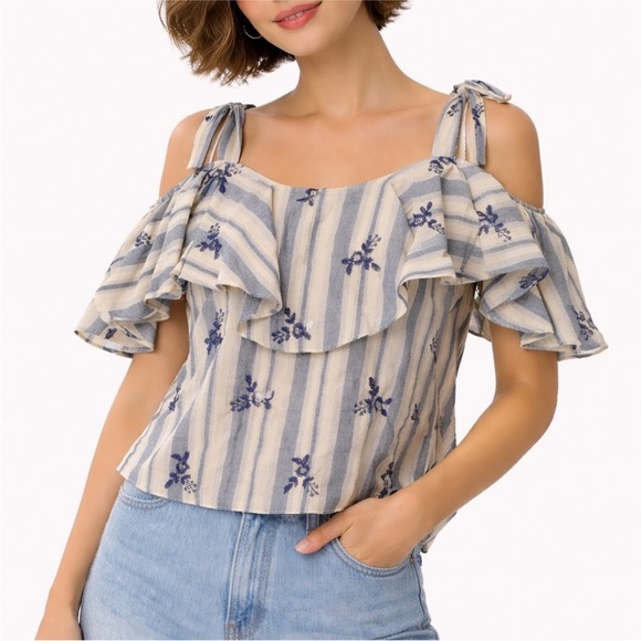 Misa Los Angeles Tops - Misa LA Embroidered Stripe Ruffle Tank Top